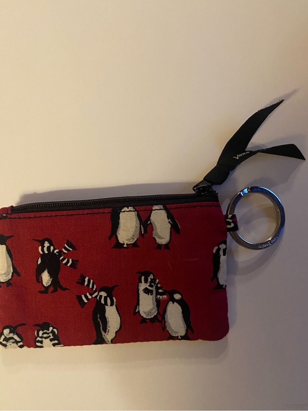 Vera Bradley Red Penguin Print Zip Key Pouch with Ring